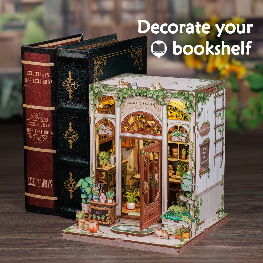 Book Nook DIY Green Life Bookshop – Librairie Miniature à Construire – Kit Maquette 3D Bois LED – Décor Étagère