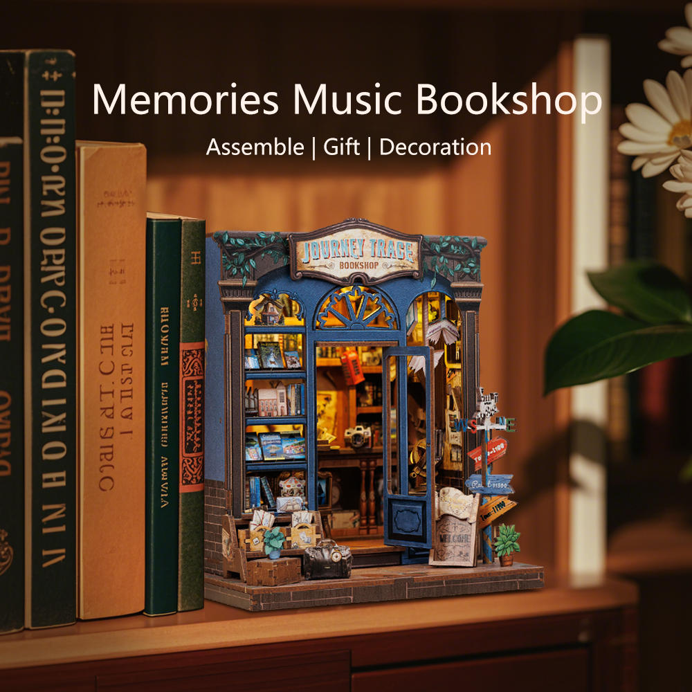 Book Nook DIY Journey Trace Bookshop – Librairie Miniature à Construire – Kit Maquette 3D Bois LED – Décor Étagère