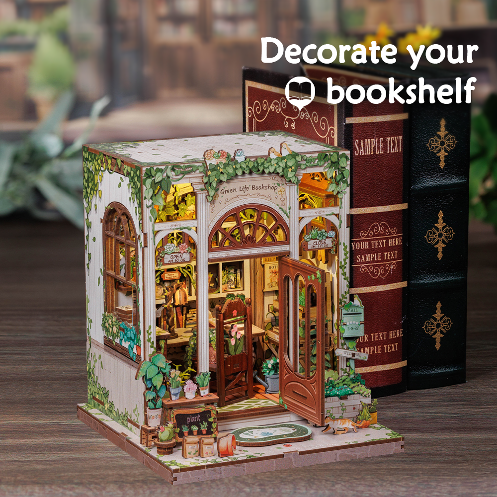 Book Nook DIY Green Life Bookshop – Librairie Miniature à Construire – Kit Maquette 3D Bois LED – Décor Étagère