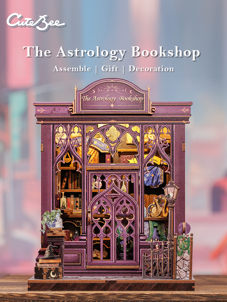 Book Nook DIY Astrologie – Librairie Miniature Astrale à Construire – Kit Maquette 3D Bois LED – Décor Étagère