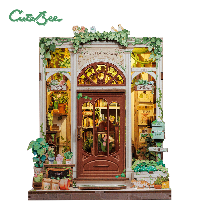 Book Nook DIY Green Life Bookshop – Librairie Miniature à Construire – Kit Maquette 3D Bois LED – Décor Étagère