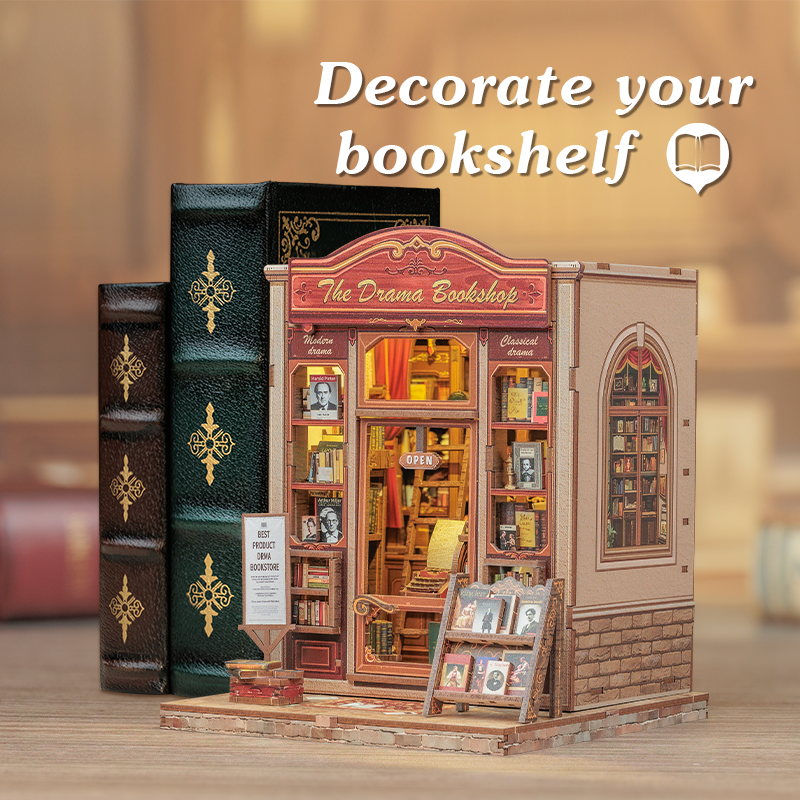 Book Nook DIY The Drama Bookshop – Maison Miniature à Construire – Kit Librairie 3D LED – Décor Étagère