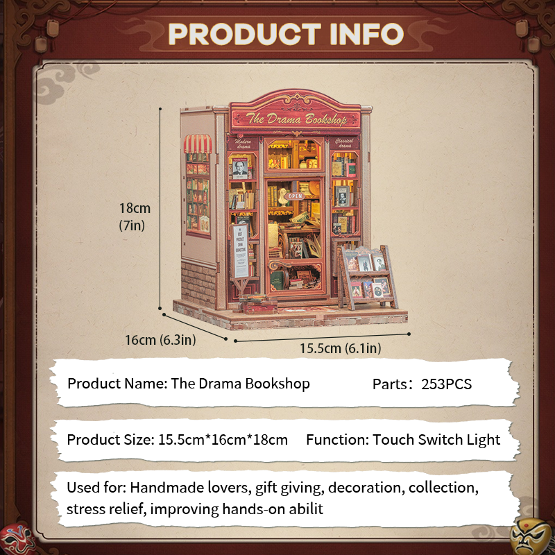 Book Nook DIY The Drama Bookshop – Maison Miniature à Construire – Kit Librairie 3D LED – Décor Étagère