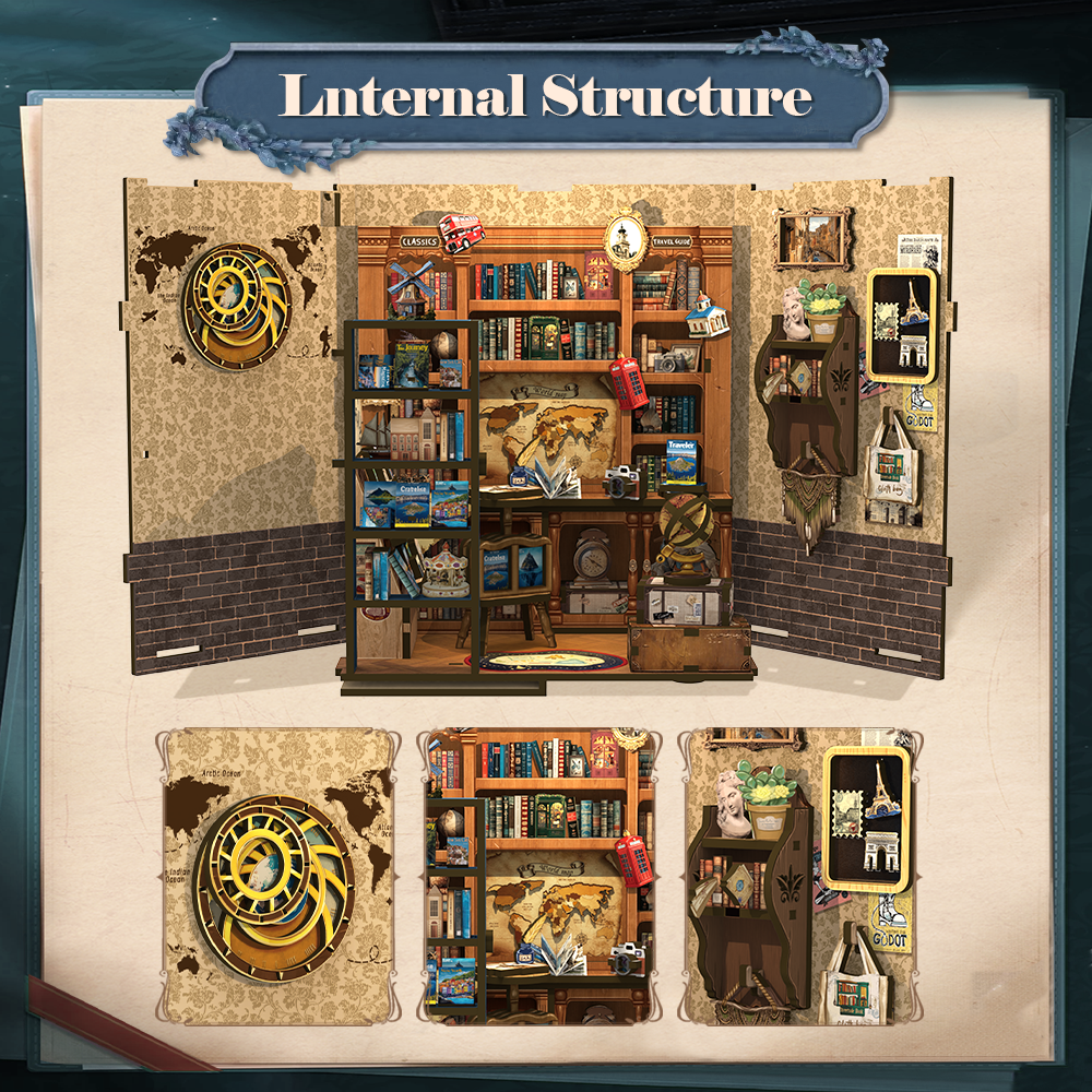 Book Nook DIY Journey Trace Bookshop – Librairie Miniature à Construire – Kit Maquette 3D Bois LED – Décor Étagère