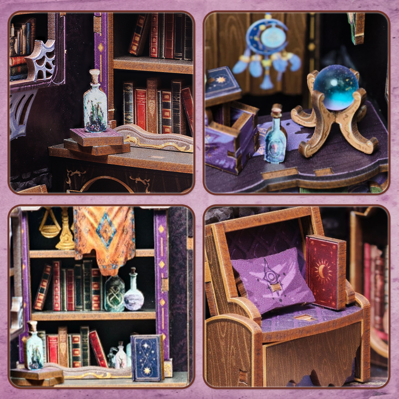 Book Nook DIY Astrologie – Librairie Miniature Astrale à Construire – Kit Maquette 3D Bois LED – Décor Étagère