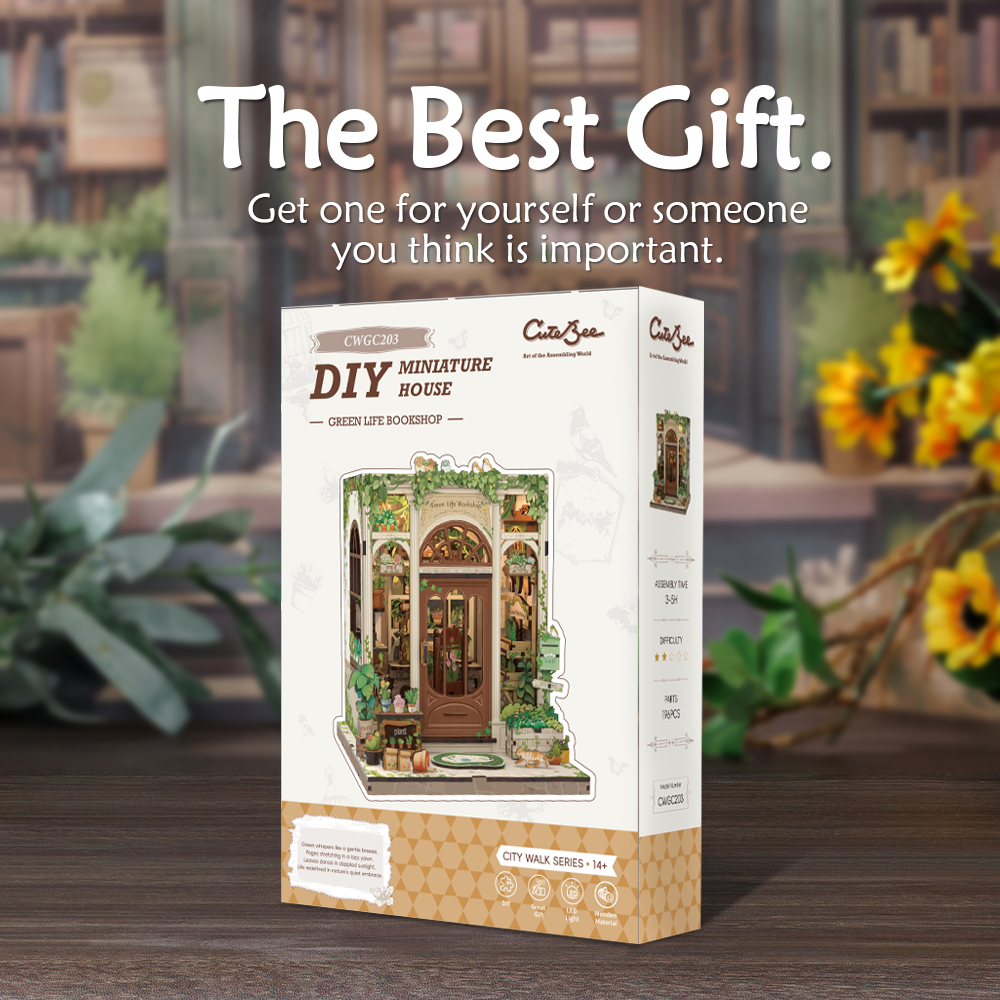 Book Nook DIY Green Life Bookshop – Librairie Miniature à Construire – Kit Maquette 3D Bois LED – Décor Étagère