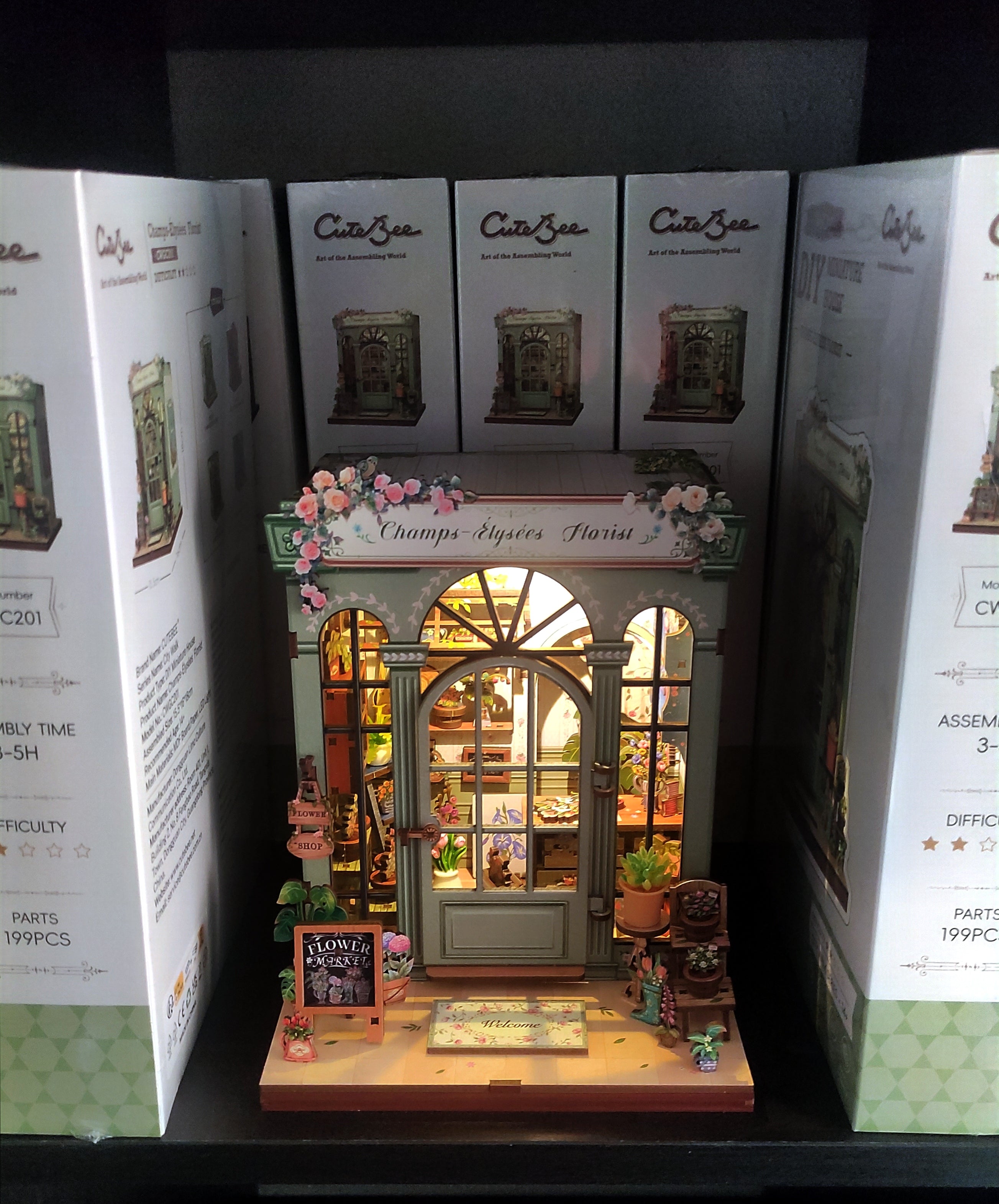 Book Nook DIY Fleuriste Champs-Élysées – Boutique Miniature à Construire – Kit Maquette 3D Bois LED – Décor Étagère