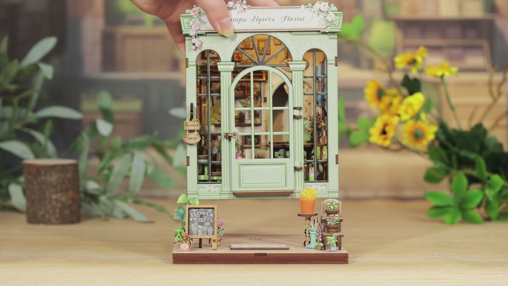 Book Nook DIY Fleuriste Champs-Élysées – Boutique Miniature à Construire – Kit Maquette 3D Bois LED – Décor Étagère