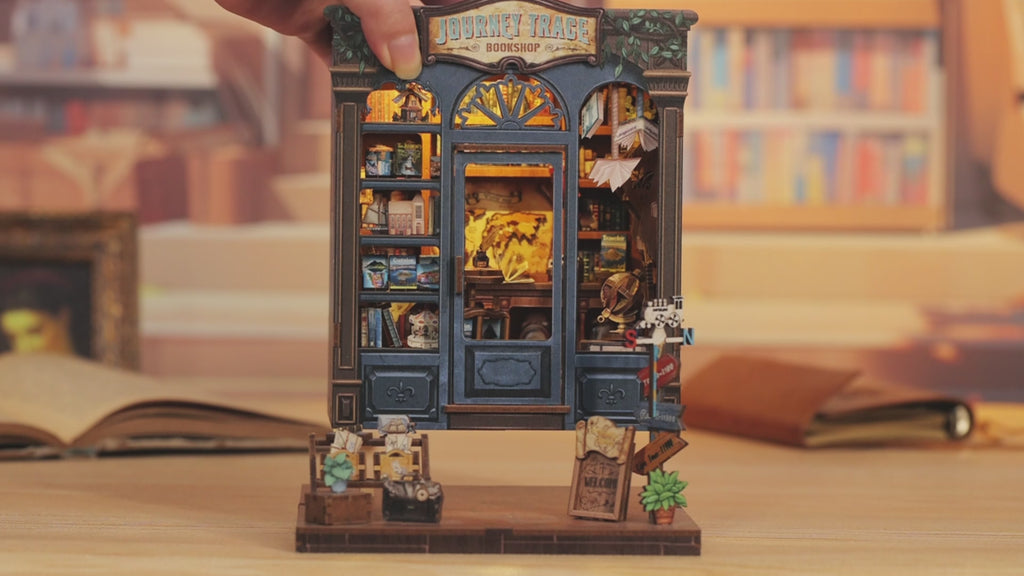 Book Nook DIY Journey Trace Bookshop – Librairie Miniature à Construire – Kit Maquette 3D Bois LED – Décor Étagère